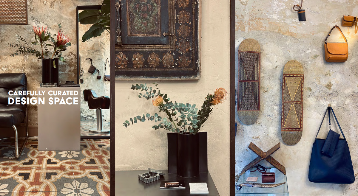 MARK / GIUSTI Creative Hub with Shirin Ehya showing interior design scene with a styled room corner with patterned tile flooring, a black leather chair, a mirror, and a vase of flowers against a textured wall. The center panel shows a dark wooden antique cabinet and the same floral arrangement.