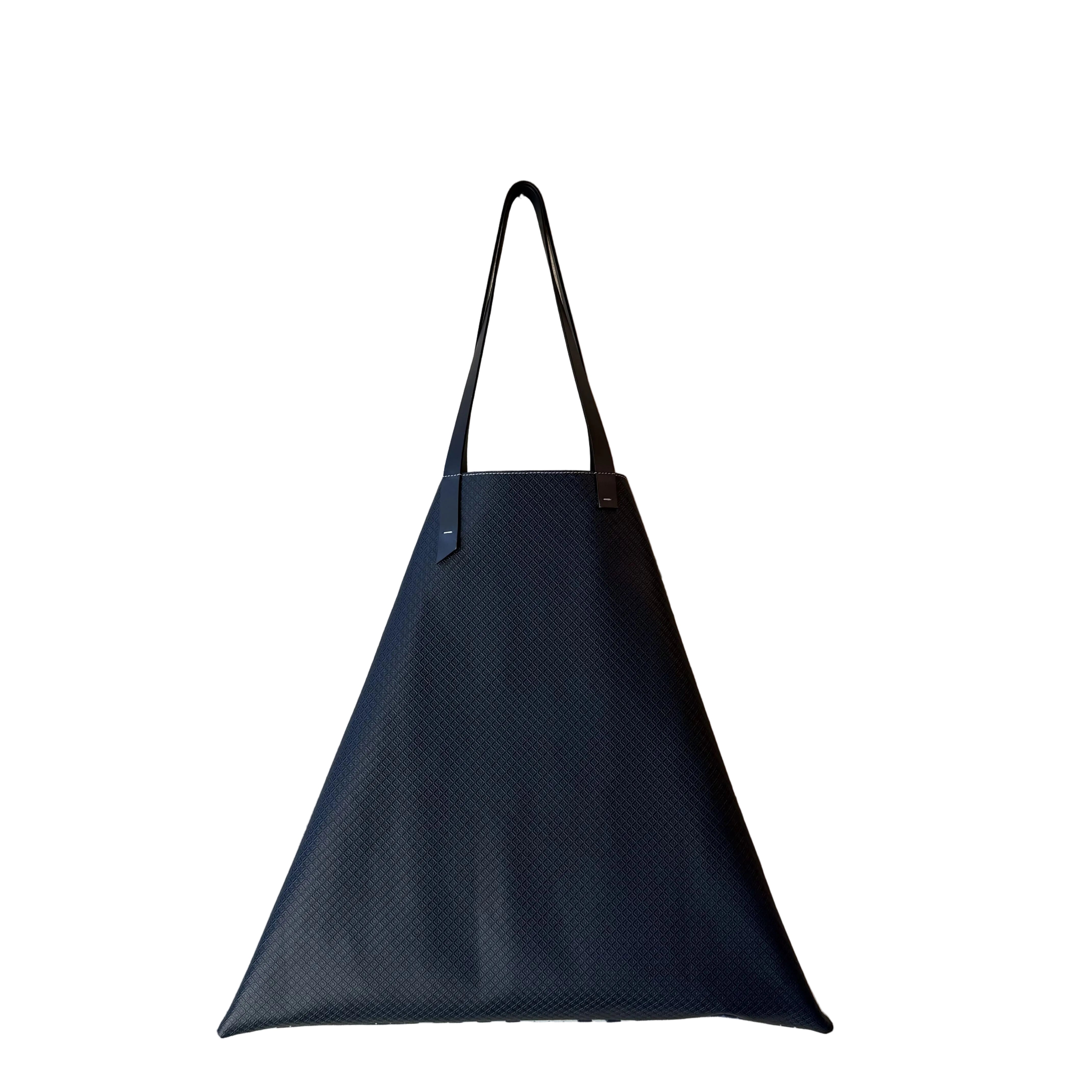 MARK / GIUSTI Signature CALA Oversized triangular tote bag in leather with the new Alhambra Exaggerated Mosaic pattern in the front and embossed mosaic leather on the reverse featuring a solid Navy front pocket and handles.