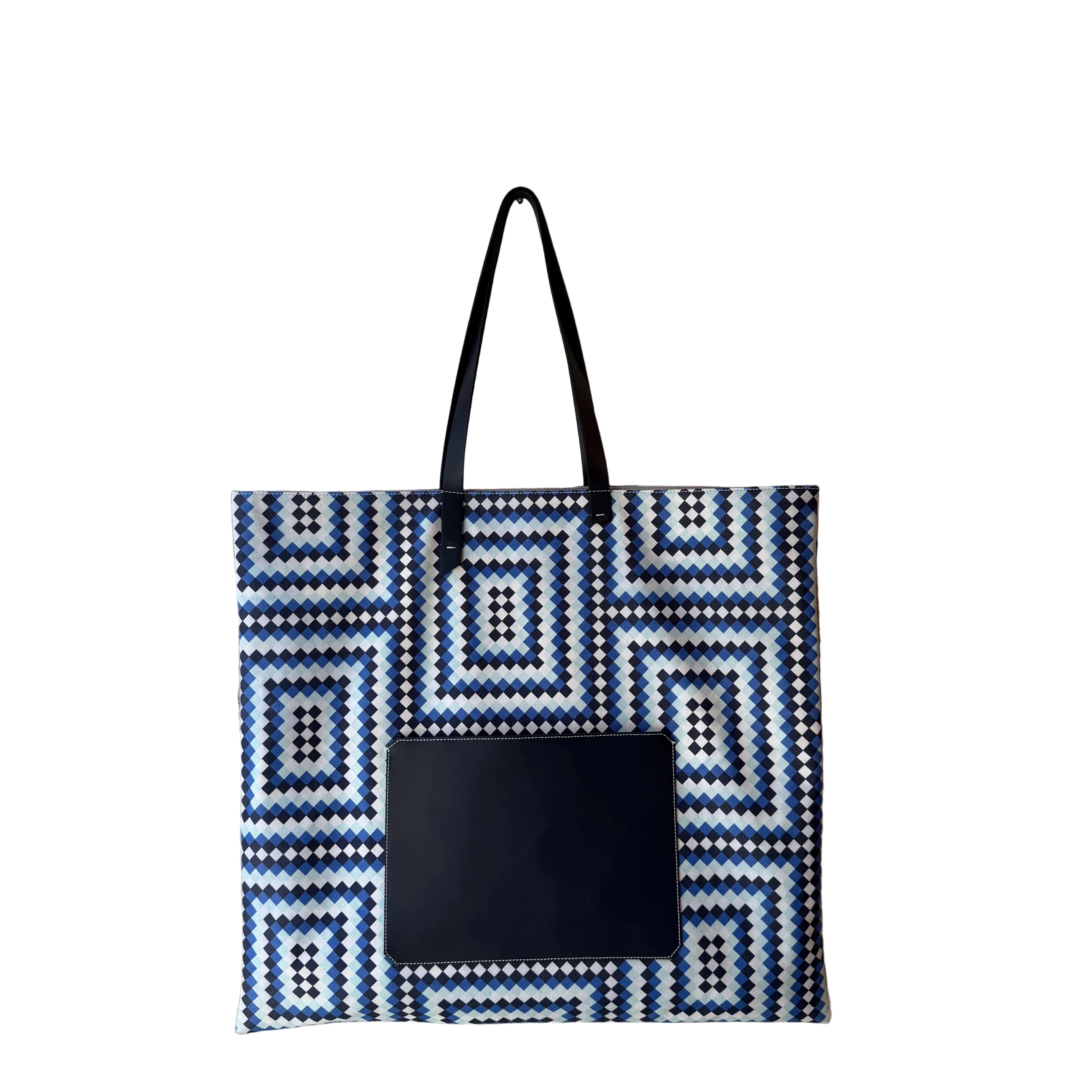 MARK / GIUSTI Signature CALA Oversized triangular tote bag in leather expanded with the new Alhambra Exaggerated Mosaic pattern in shades of blue featuring a solid Navy front pocket and handles.