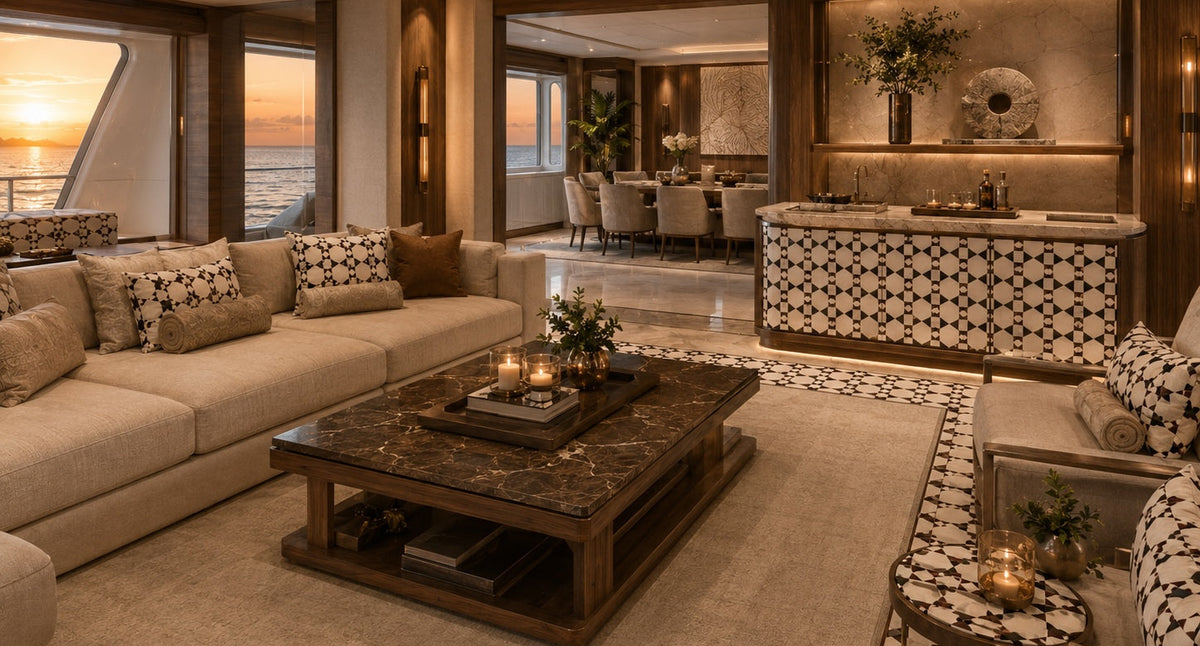 Luxury yacht interior featuring a beige sofa with MARK/GIUSTI Mosaic pillows, a dark wood coffee table, a mosaic bar counter, and warm ambient lighting in a spacious living and dining area.