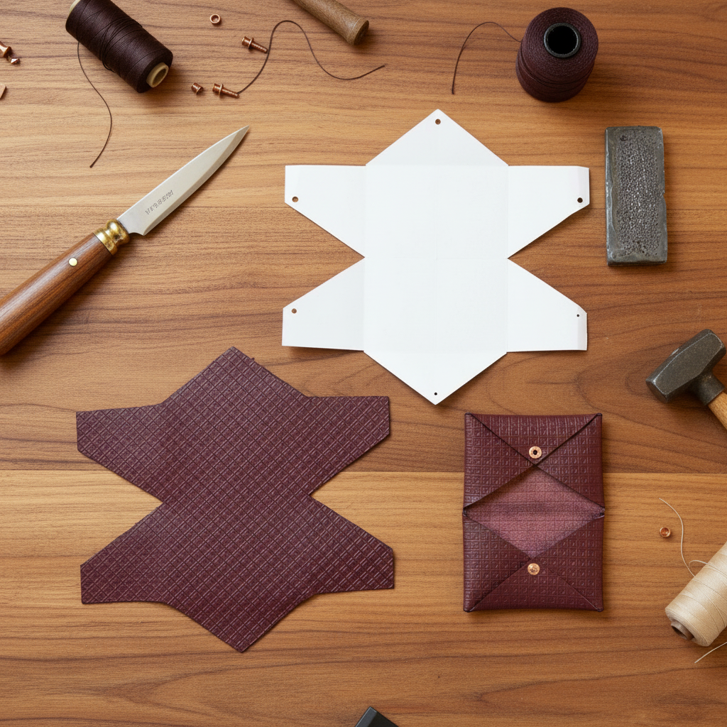 MARK / GIUSTI Artisan Table workspace showing our Origami Wallet with our mosaico monogram leather, the pattern cut , and tools used during out leather craft workshop in Milan