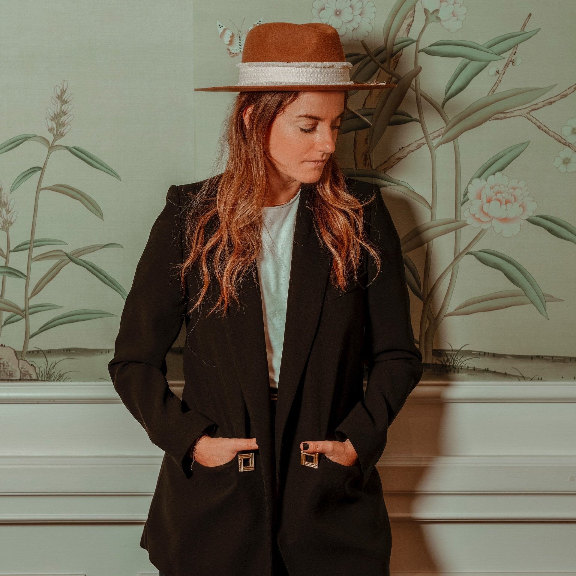 Model wearing semple brand unisex clothes