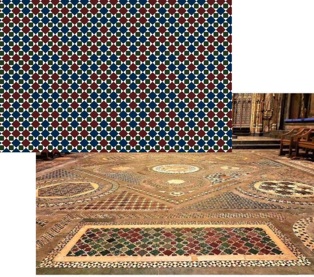 Comparison of the original mosaic floors from Westminster Abbey and the reinterpreted mosaic pattern created for the MARK/GIUSTI London Calling collection, showcasing the preservation of historic mosaic heritage through contemporary design.