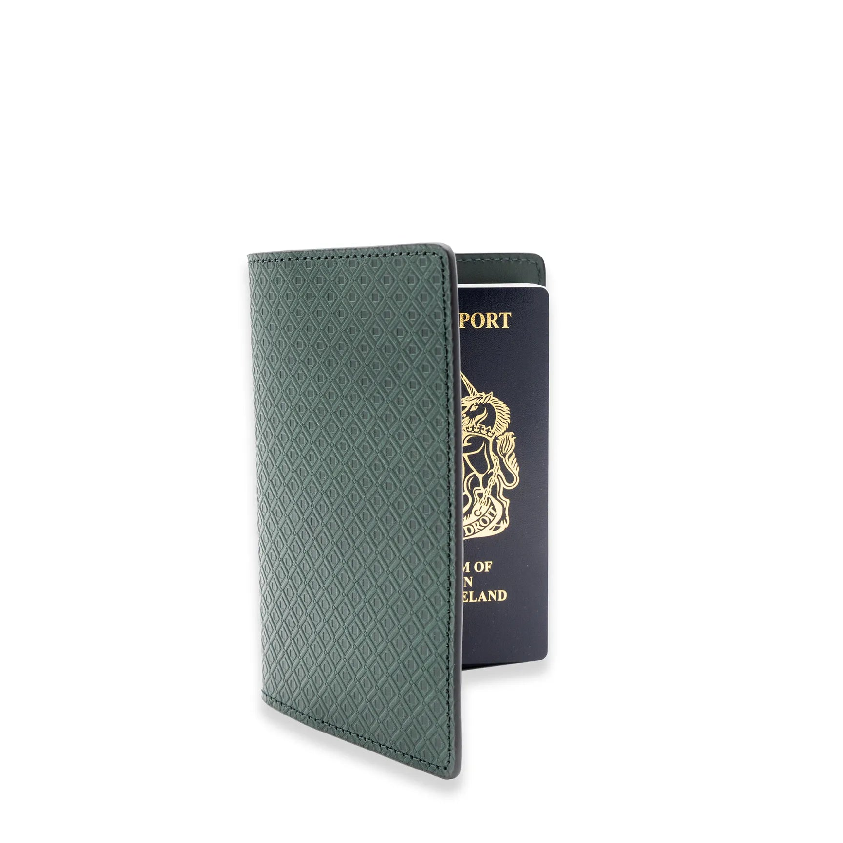 Detail of the Windsor Green embossed leather Heathrow passport wallet by MARK / GIUSTI