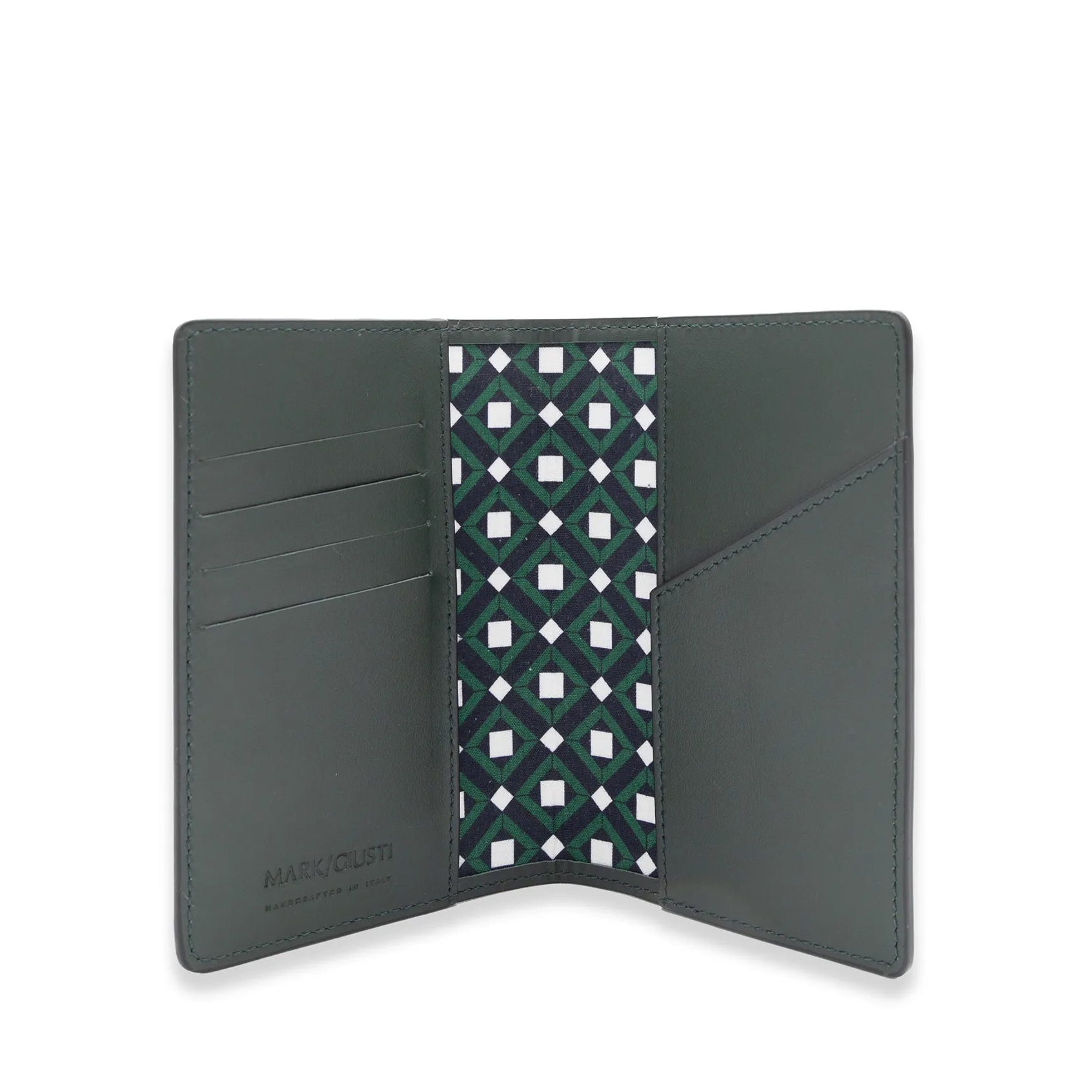 Interior mosaic detail of Windsor Green embossed leather Heathrow passport wallet by MARK / GIUSTI