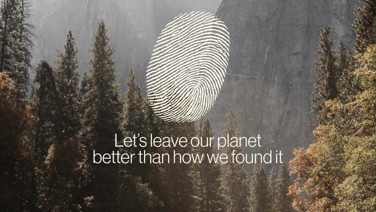 MARK / GIUSTI's sustainability commitment, highlighted by a symbolic fingerprint over a forest backdrop with the message "Let's leave our planet better than how we found it," representing initiatives like the Love Abundance journey, Italian craftsmanship preservation, mosaic art safeguarding, recycled packaging, and a transition to 100% vegetable-tanned leather by 2024.