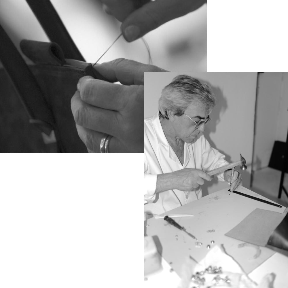 MARK / GIUSTI preserving Italian craftsmanship with skilled artisans hand-stitching luxury leather goods. Image showcases traditional methods used by 4th generation artisans, emphasising heritage, quality, and sustainability.