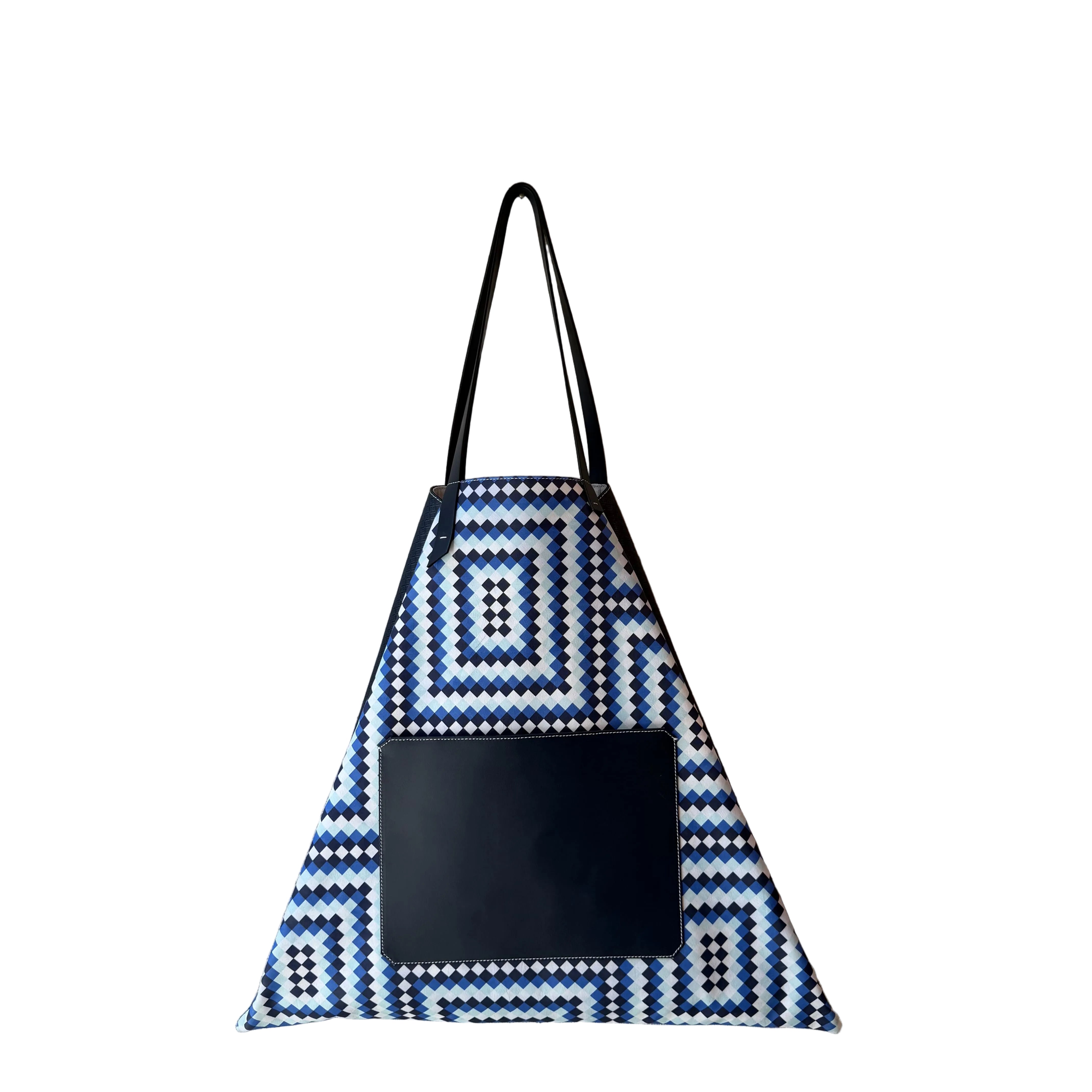 MARK / GIUSTI Signature CALA Oversized Toite triangular tote bag in leather with the new Alhambra Exaggerated Mosaic pattern in shades of blue featuring a solid Navy front pocket and handles.