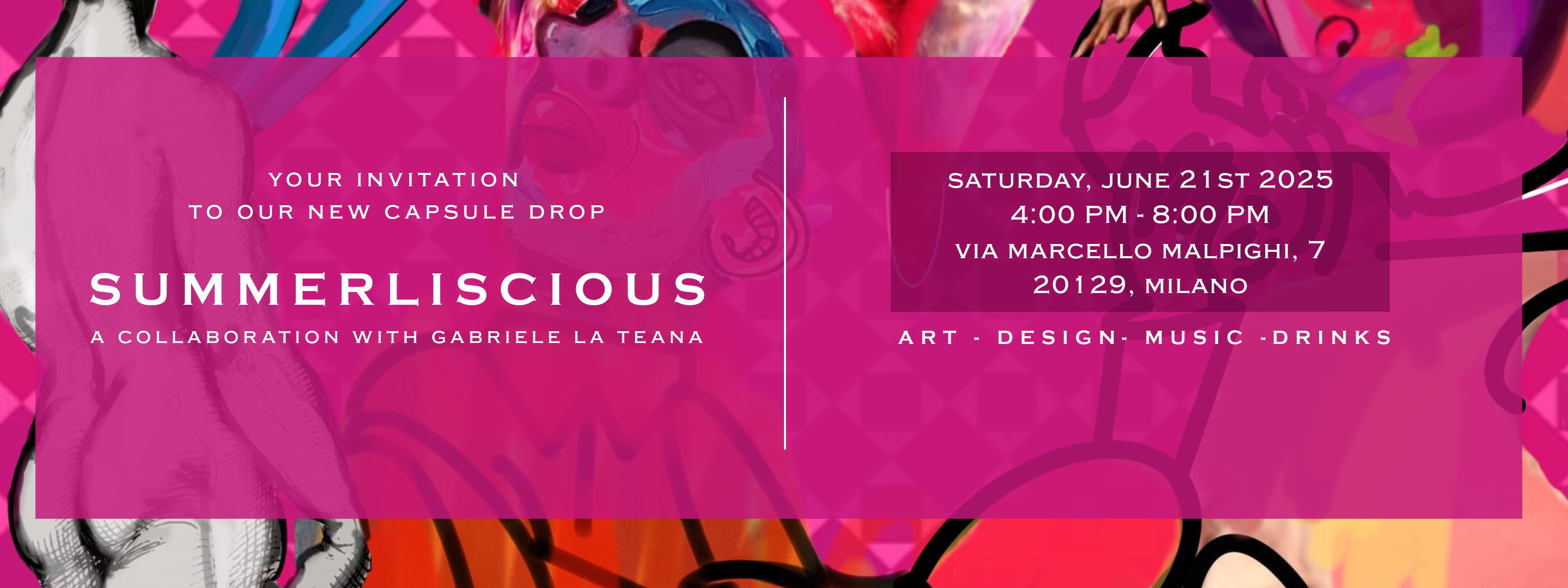 Promotional poster for MARK / GIUSTI apsule drop event  during Milano Fashion week featuring artist Gabriele La Teana