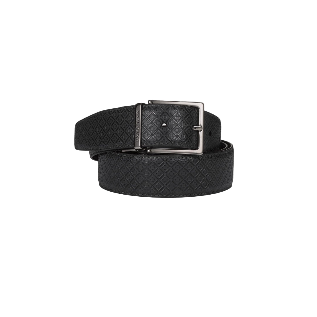 MARK / GIUSTI Black mosaic embossed vegetable tanned reversible belt with silver buckle for men