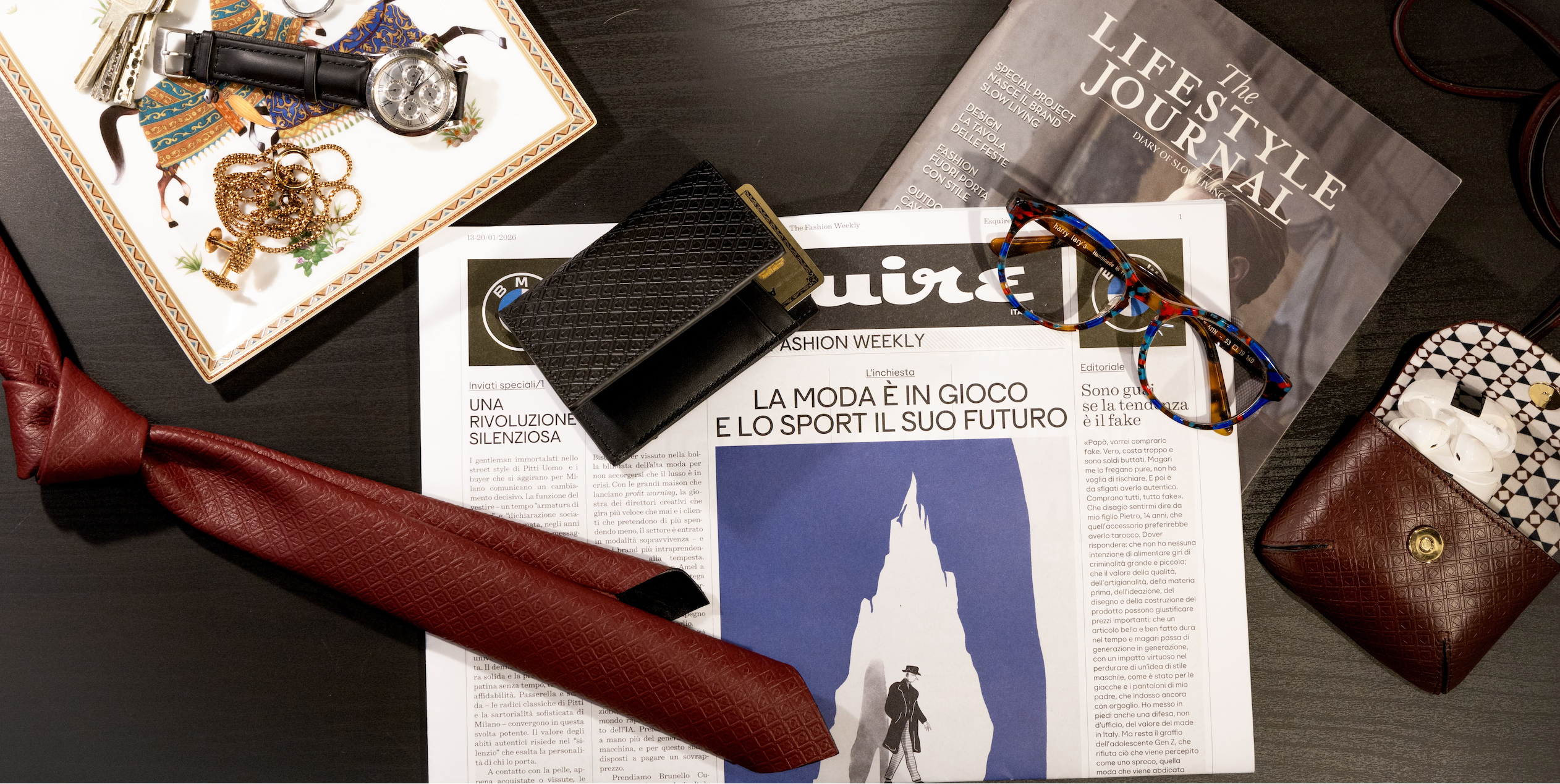 MARK / GIUSTI  must have handcrafted in Italy Leather Accessories for men and women on a desk in a still life moment
