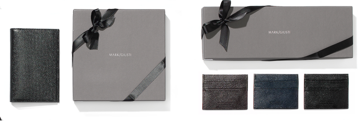 MARK / GIUSTI Corporate and VIP gifting solutions for all occasions showing Black bank leather wallet and gifting boxes