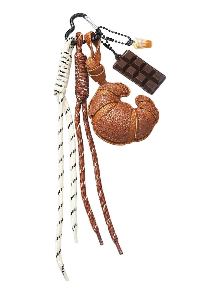 Embossed Leather keychain and Charm shaped like a croissant with a chocolate bar and Frappuccino 