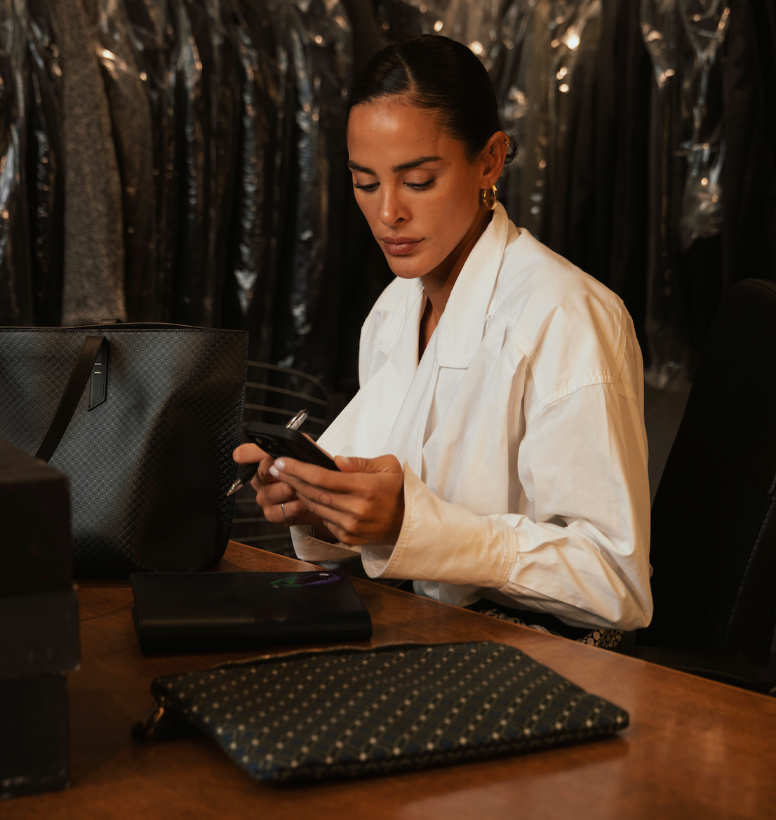 Stylist, Creator and DJ Candelaria starring in the latest campaign for MARK / GIUSTI at her showroom office in Milan 