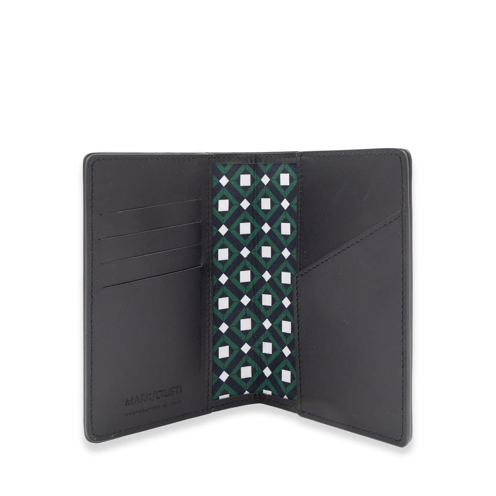 MARK / GIUSTI Heathrow passport wallet in Embossed Jet Black vegetable-tanned and San Marco Mosaic Interior
